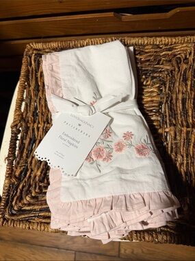 Pottery Barn LoveShackFancy White Napkins with Pink Floral Embroidery BNWT